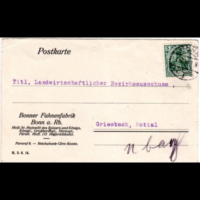 DR 1914, 5 Pf. m. perfin auf Firmenkarte v. Bonn