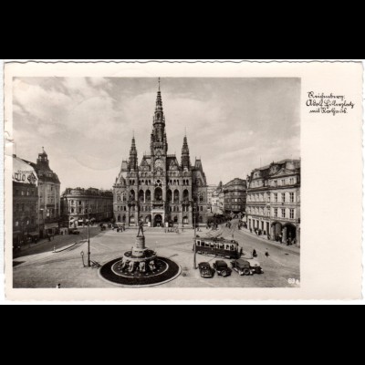 Reichenberg, A. Hitlerplatz m. Trambahn u. Oldtimern, 1942 gebr. Sudeten sw-AK