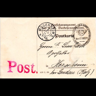 Bayern 1911, portofreie Karte der Post Rosenheim n. Herxheim i.d. Pfalz
