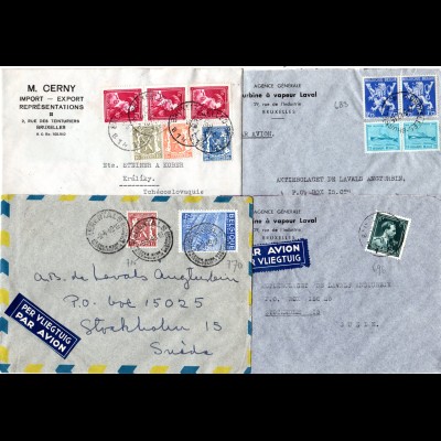 Belgien 1947/49, 4 verschieden frankierte Luftpost Briefe nach Schweden. 