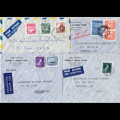 Belgien 1947/49, 4 versch. frankierte Luftpost Briefe nach Schweden. 