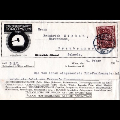 Österreich 1924, 3000 K. auf Dorotheum "Faltpost"-Brief v. Wien i.d. Schweiz