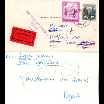 Österreich 1975, 50 Gr.+4 S. auf Eilboten Geschäftspostkarte v. Obertilliach