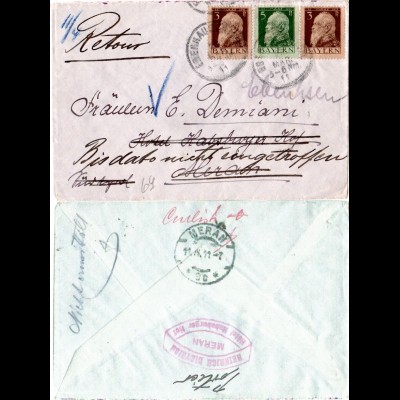 Bayern 1911, 2x3+5 Pf. auf Retour Brief v. EBENHAUSEN n. Meran, Österreich
