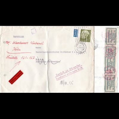 BRD 1955, postamtlich geöffneter Retour Brief m. OPD Etiketten v. Köln.