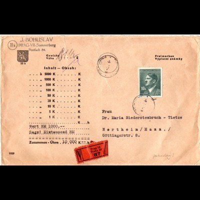 Böhmen u. Mähren 1944, EF 10 K. auf Wert Brief v. Prag n. Northeim/Hannover