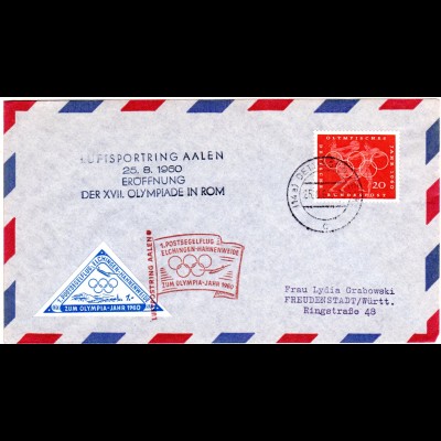 BRD 1960, Olympiade Postsegelflug Brief Elchingen-Hahnenweide