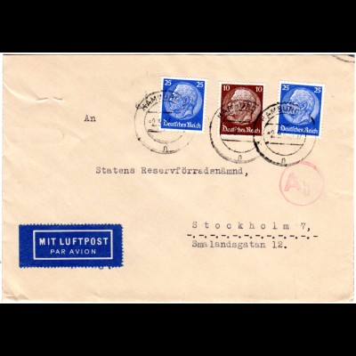 DR 1940, 10+2x25 Pf.auf Luftpost Zensur Brief (über 20 g) v. Hamburg n. Schweden