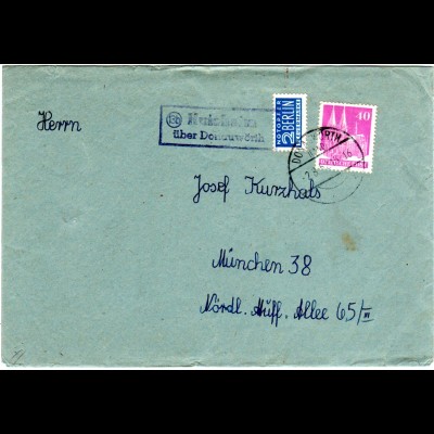 BRD 1952, Landpost Stpl. 13b Huisheim über Donauwörth auf Brief m. 40 Pf. Bauten