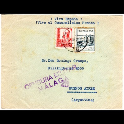 Spanien 1937, 30 C.+ 5 C. Pro Malaga auf Zensur Brief v. Malaga n. Argentinien