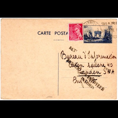 Frankreich 1940, Ganzsache v. Biarritz n. GB m. L2 RETOUR...INADMIS