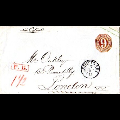 Württemberg 1872, 9 Kr, Ganzsache Brief m. rotem R1 P.D. v. Stuttgart n. GB.