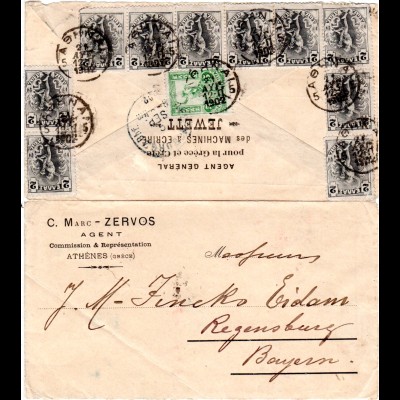Griechenland 1902, 5+10x2 L. rücks. auf Firmen Brief v. Athen n. Bayern.