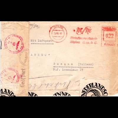 DR 1942, Luftpost Zensur Brief v. Mylau m. NL Post-Verschluss Etiketten