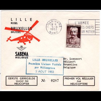Belgien 1953, 2 Helicopter Erstflug Briefe Brüssel-Lille und zurück