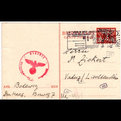 NL 1942, 7 1/2 auf 3 C. Ganzsache m. dt. Zensur v. s´Gravenhage n. Liechtenstein