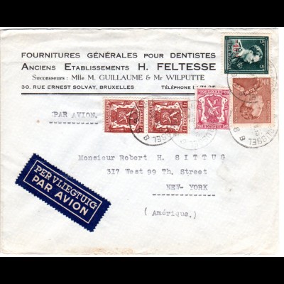 Belgien 1948, 5 Marken auf Firmen Luftpost Brief v. Brüssel n. USA