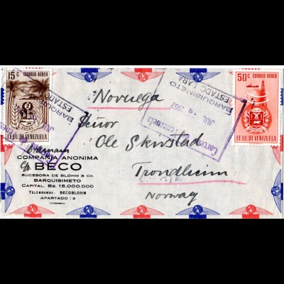 Venezuela 1952, 15+50 C. auf Luftpost Brief v. Barquisimeto n. Norwegen