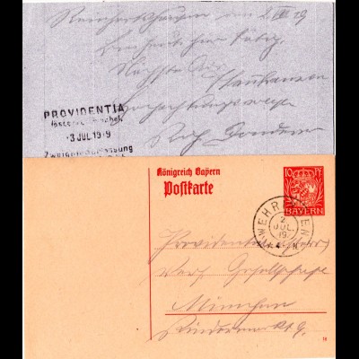 Bayern 1919, 10 Pf. Ganzsache v. Reinhardshausen m. K1 WEHRINGEN