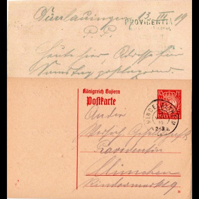 Bayern 1919, 10 Pf. Ganzsache v. Dürrlauingen m. K2 MINDELALTHEIM