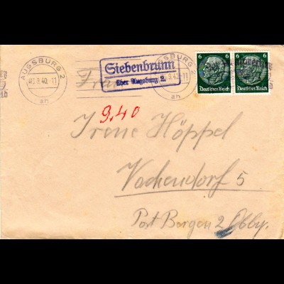 DR 1940, Landpost Stpl. SIEBENBRUNN über Augsburg 2. auf Brief m. Paar 6 Pf.