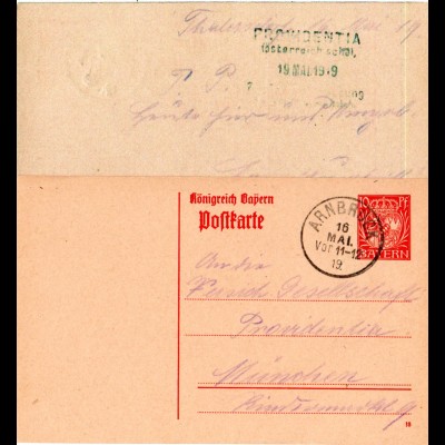 Bayern 1919, 10 Pf. Ganzsache v. Thalersdorf m. K1 ARNBRUCK