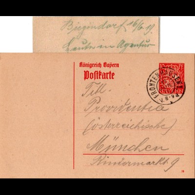 Bayern 1919, 10 Pf. Ganzsache v. Biegendorf m. K2 FRONTENHAUSEN