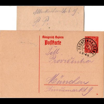 Bayern 1919, 10 Pf. Ganzsache v. Altenkirchen m. K2 FRONTENHAUSEN