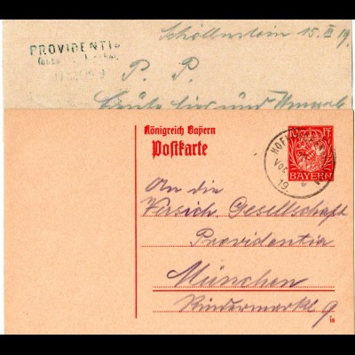 Bayern 1919, 10 Pf. Ganzsache v. Schöllnstein m. K1 HOFKIRCHEN b. VILSHOFEN
