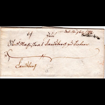 Bayern 1784, Fraktur-L1 Von München auf Brief m. Präsentatiosvermerk Landsberg