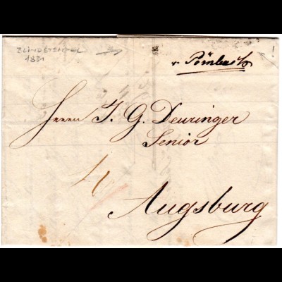 Bayern 1831, hds. "v. Pörnbach" auf Portobrief n. Augsburg