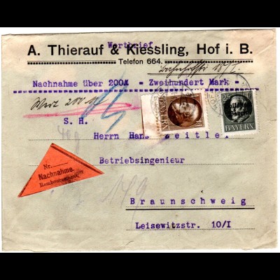 Bayern 1920, 25 Pf.+1 Mk. auf Nachnahme Wert Brief v. Hof n. Braunschweig