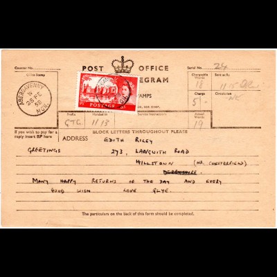 GB 1958, EF 5 Sh. auf Telegramm Formular v. ABERGAVENNY.