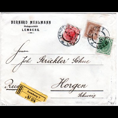 Österreich 1907, 5+10+60 H. auf Reko Firmen Brief v. Lemberg i.d. Schweiz