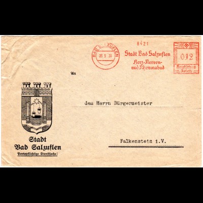 DR 1936, Bad Salzuflen Werbe Freistempel auf Bürgermeister Brief n. Falkenstein
