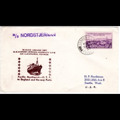 US-GB-Norway 1935, M/S NORDSTJERNAN ship mail cover with London Paquebot Stpl.
