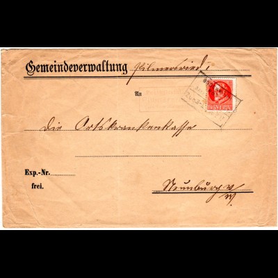 Bayern Posthilfstelle PILLMERSRIED auf Gemeinde Brief m. 10 Pf. u. Bahnpoststpl.