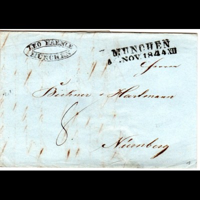 Bayern 1844, L2 MÜNCHEN auf Porto Brief n. Nürnberg