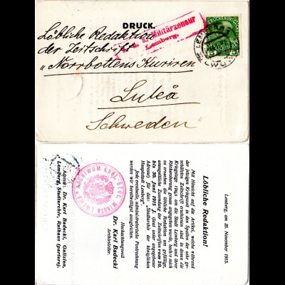 Österreich 1915, 5 H. auf Drucksache v. Lemberg Galizien m. Zensur n. Schweden