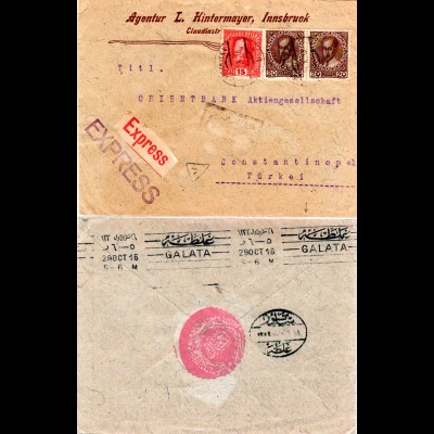 Österreich 1916, Paar 20+15 H. auf Express Brief v. Innsbruck m. Türkei Zensur