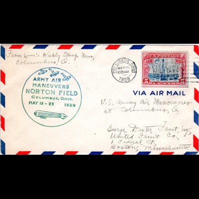 USA 1929, 5 C. Air Mail on Norton Field Army Air Maneuvers cover from Columbus