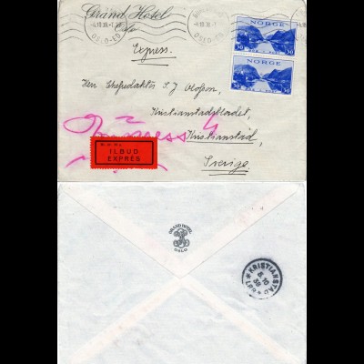 Norwegen 1938, MeF Paar 30 öre auf Express Hotel Brief m. Bahnpost n. Schweden