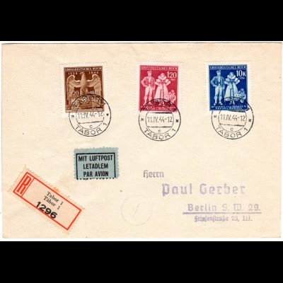 Böhmen u. Mähren 1944, 3 Werte kpl. auf Reko Luftpost Brief v. Tabor n. Berlin