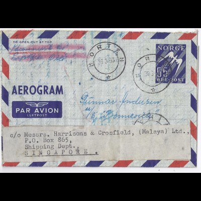 Norwegen Singapore 1953, 55 öre aerogramm Ganzsache Brief v. Horten. #1617