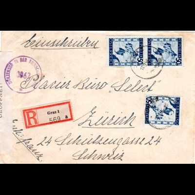Österreich 1946, MeF 3x50 G. auf Einschreiben Zensur Brief v. Graz i.d. Schweiz