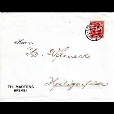 DR 1913, 10 Pf. Germania m. perfin Firmenlochung auf Brief v. Bremen c1l