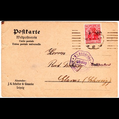 DR 1919, 10 Pf. m. perfin Firmenlochung auf Firmen Karte v. Leipzig m. Zensur