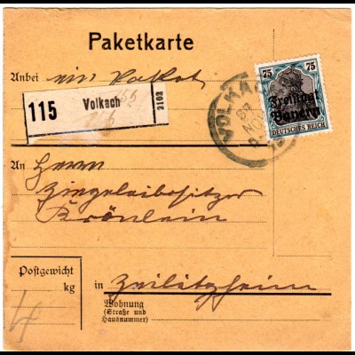 Bayern 1919, EF 75 Pf. Germania auf Paketkarte v. VOLKACH n. Zeilitzheim