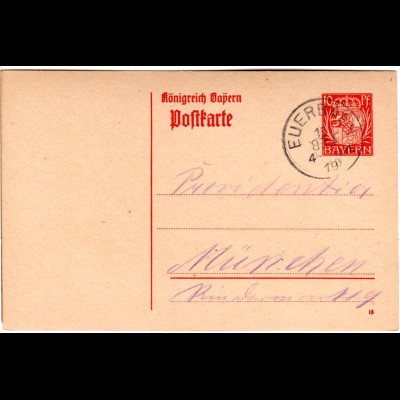 Bayern 1919, 10 Pf. Ganzsache m. Unterfranken-K1 EUERBACH