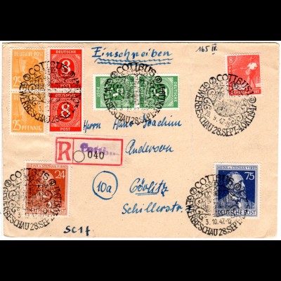 1947, 9 Marken auf Einschreiben Brief m. Sonderstpl. Cottbus Gewerbeschau